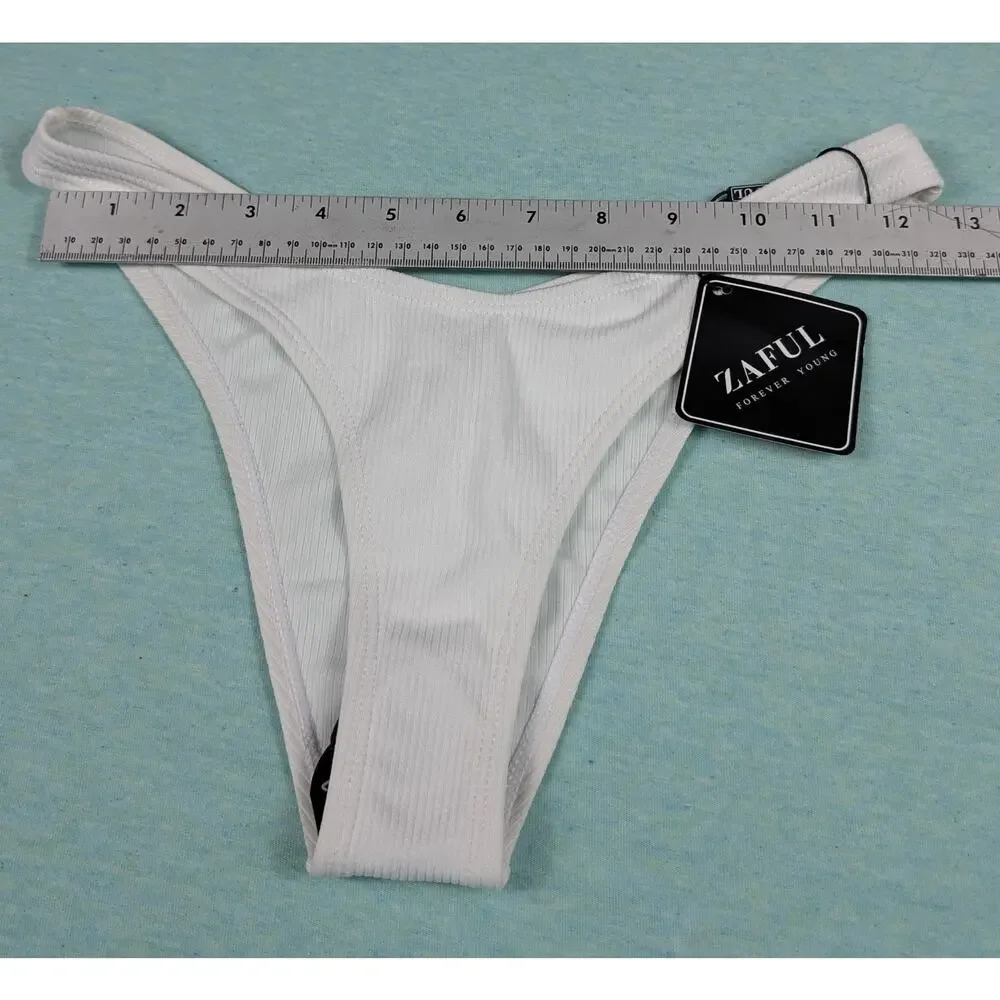 Zaful Swim Bikini Bottom Womens Size 6 White Ribbed Cheeky New w/ Tags